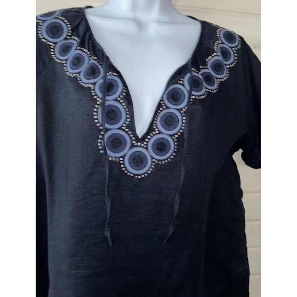 J. Crew Vintage Closet Sz 12 Navy Blue Peasant Blouse 100% Linen Sequins EUC - Picture 4 of 9